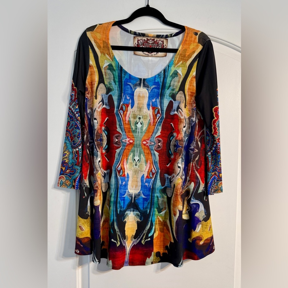 Amma Kaleidoscope Print Tunic Top‎ Women Small Boho Multicolor 3/4 Sleeve